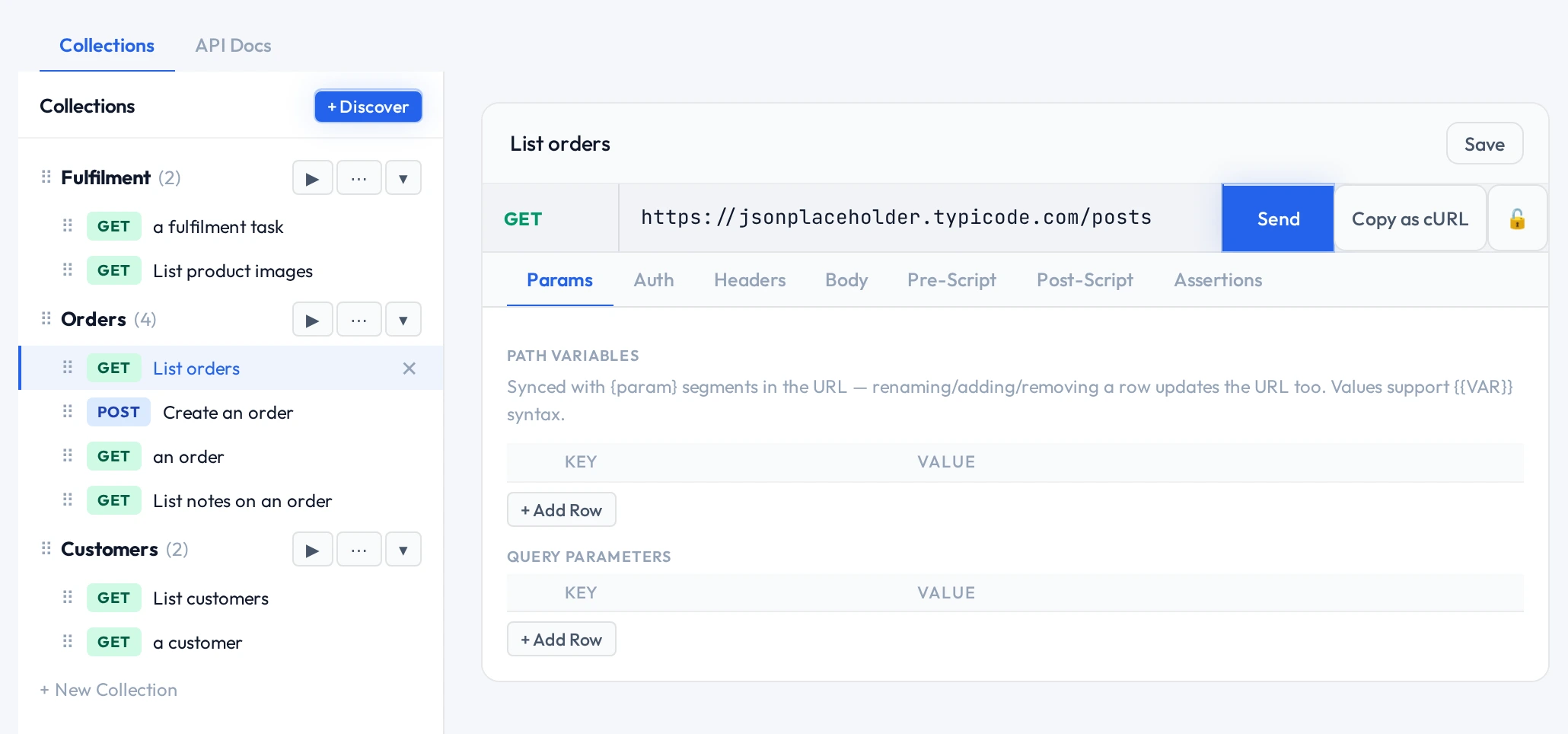 The QAClan agent's API workspace: Fulfilment, Orders and Customers collections holding the captured requests, with List orders open on its params, auth, body and assertions tabs
