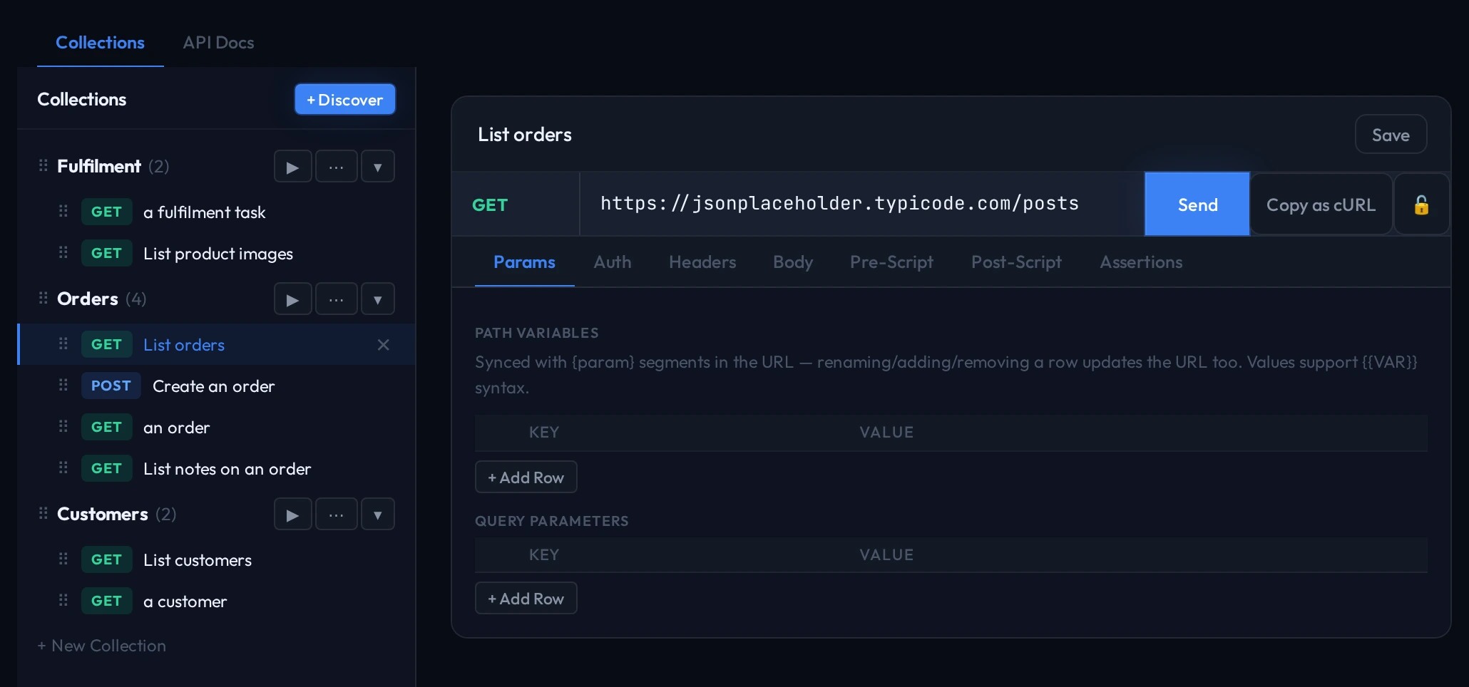 The QAClan agent's API workspace: Fulfilment, Orders and Customers collections holding the captured requests, with List orders open on its params, auth, body and assertions tabs