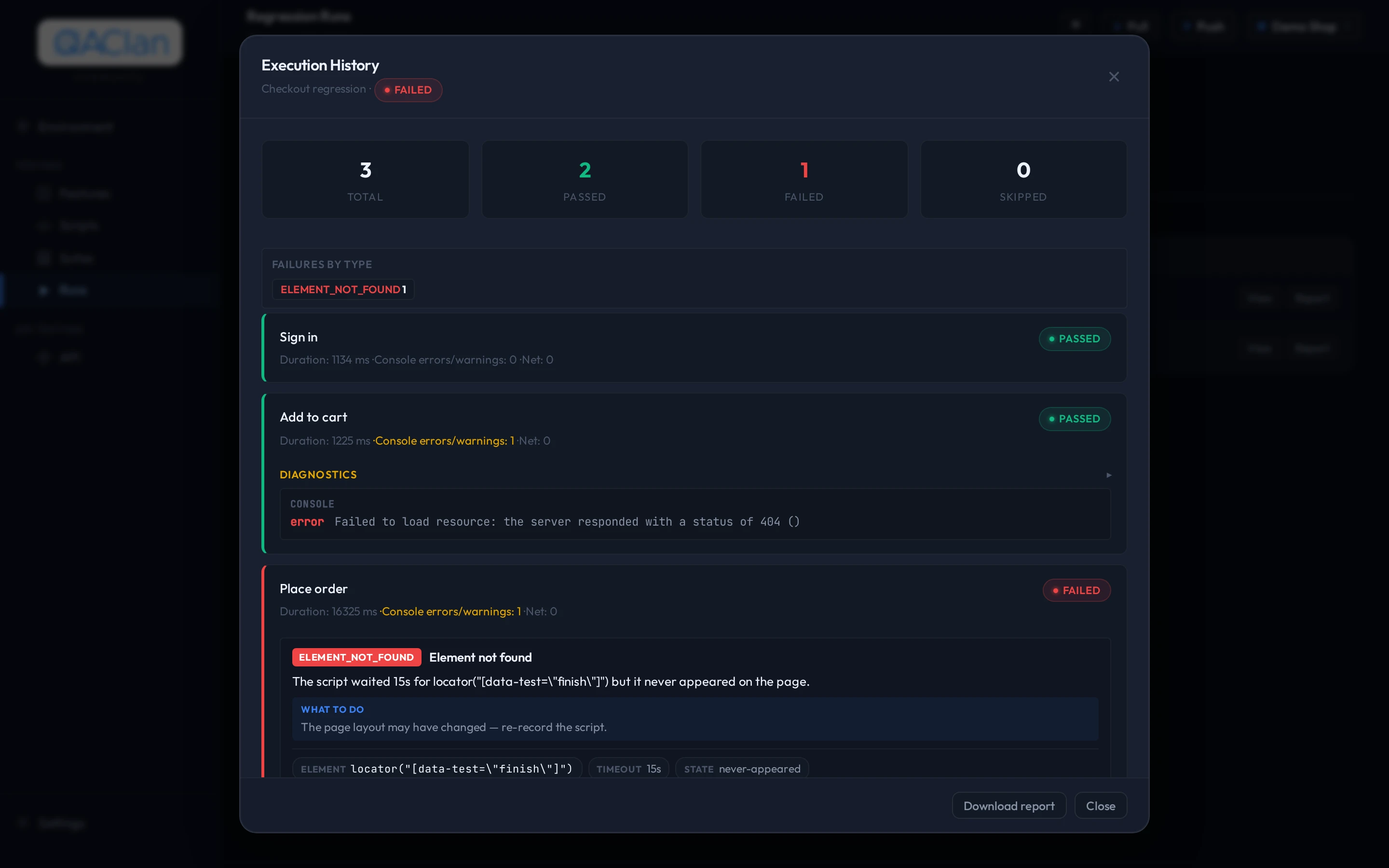 A failed run in the QAClan agent: two scripts passed, Place order failed with ELEMENT_NOT_FOUND, a plain-language cause and a suggested next step