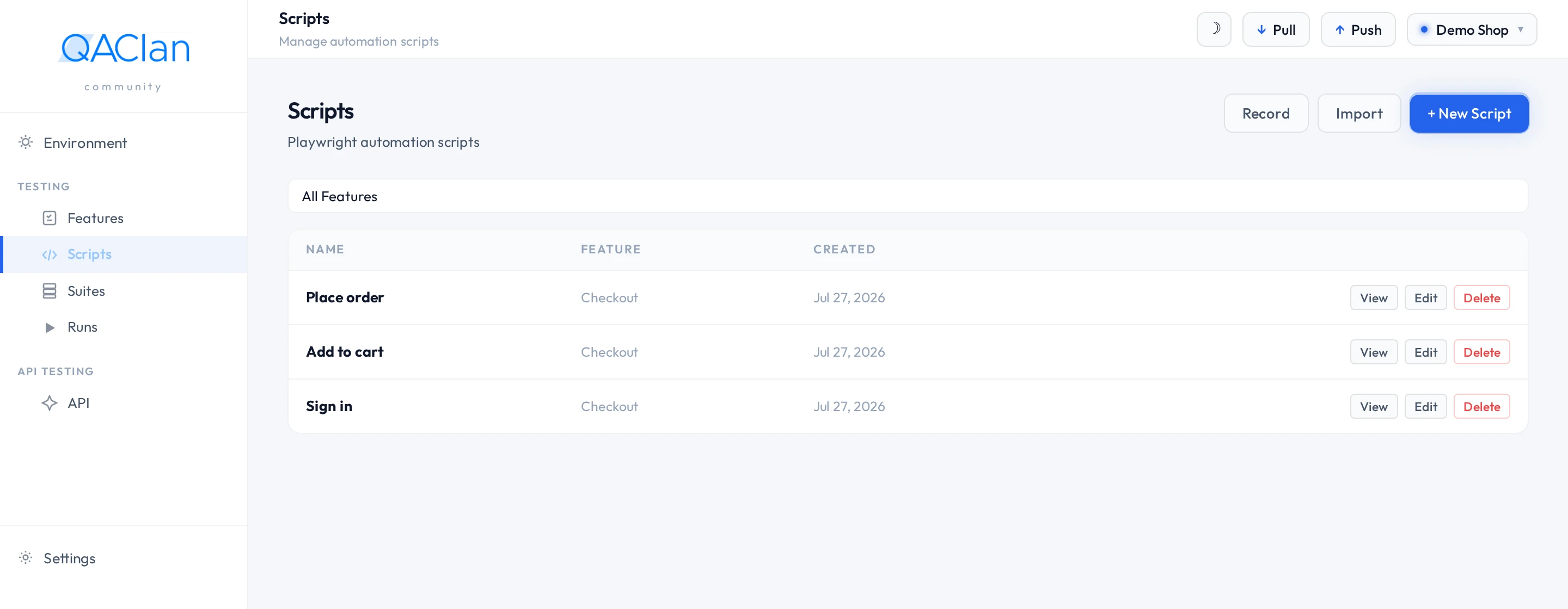 The QAClan agent listing three recorded scripts — Sign in, Add to cart and Place order — under the Checkout feature