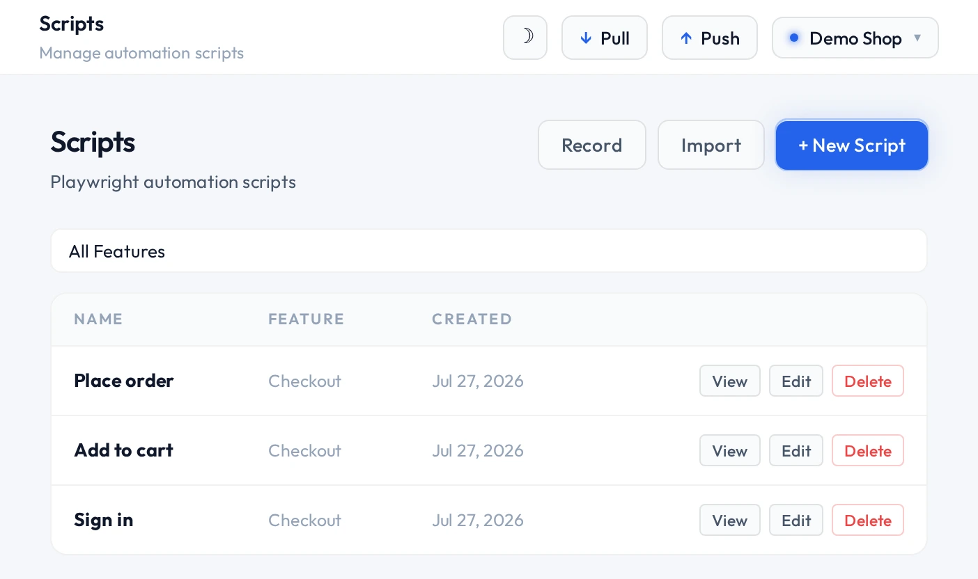 Three recorded scripts in the QAClan agent — Place order, Add to cart and Sign in — each grouped under the Checkout feature