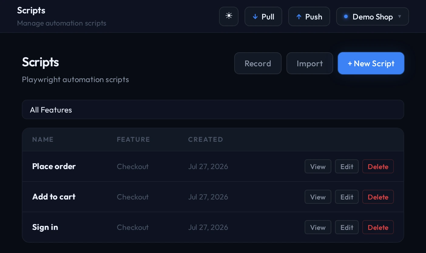 Three recorded scripts in the QAClan agent — Place order, Add to cart and Sign in — each grouped under the Checkout feature