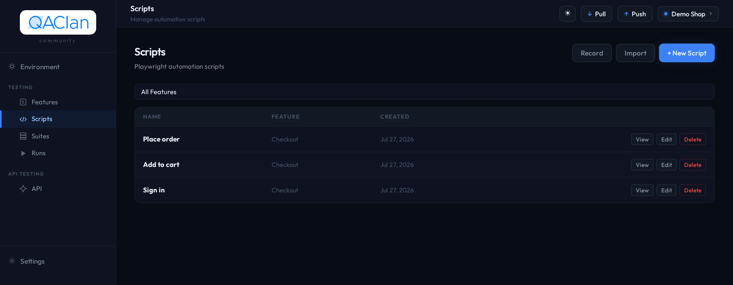 The QAClan agent listing three recorded scripts — Sign in, Add to cart and Place order — under the Checkout feature