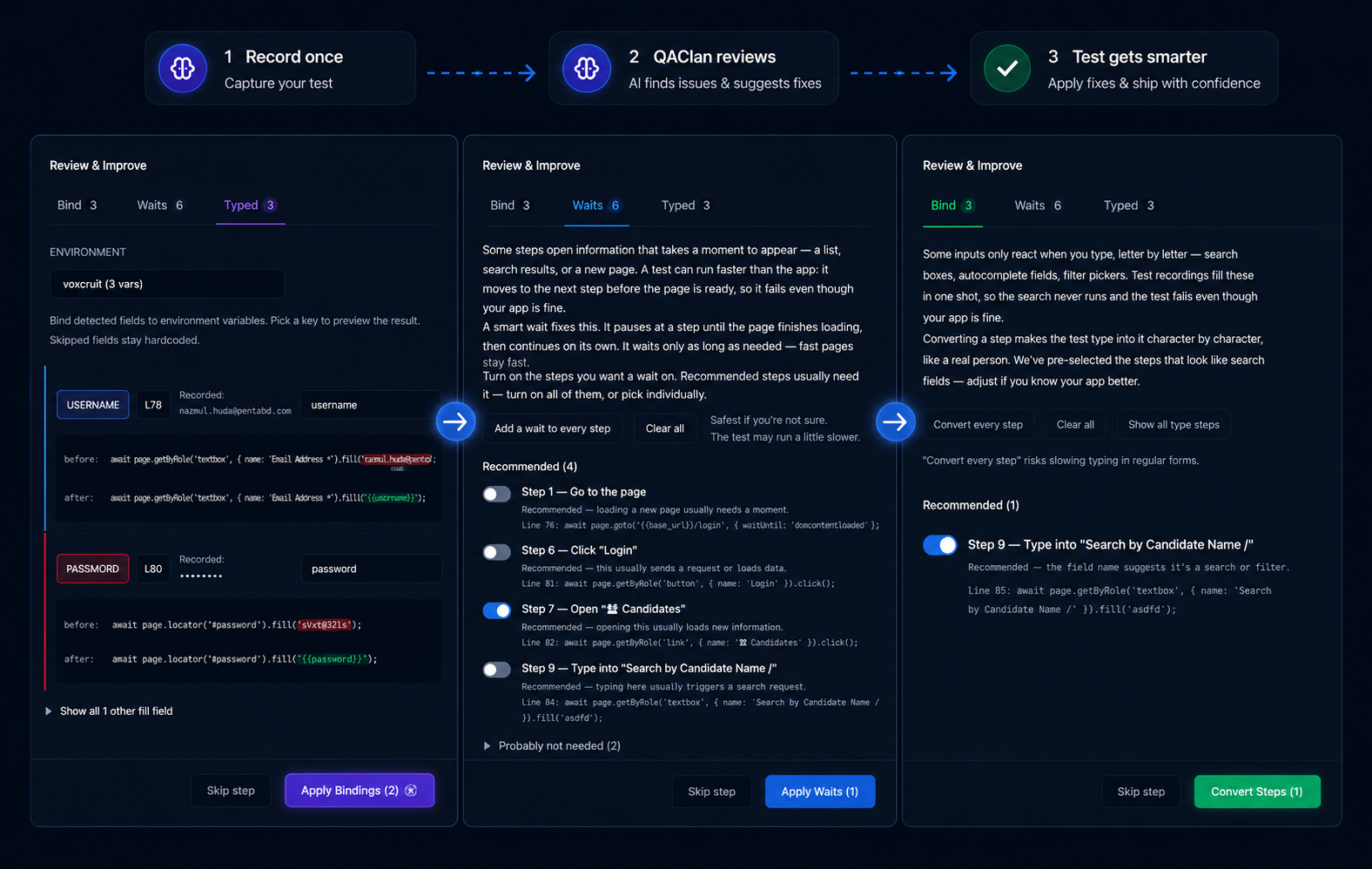 QAClan smart editor — record, review, and harden tests without code